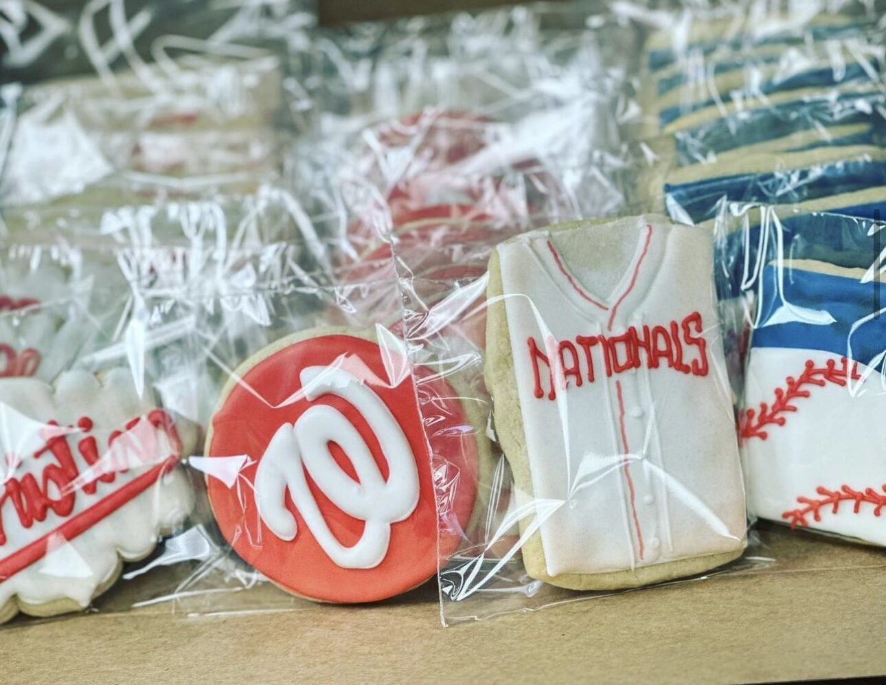 Custom decorated cookies in team colors, individually wrapped
