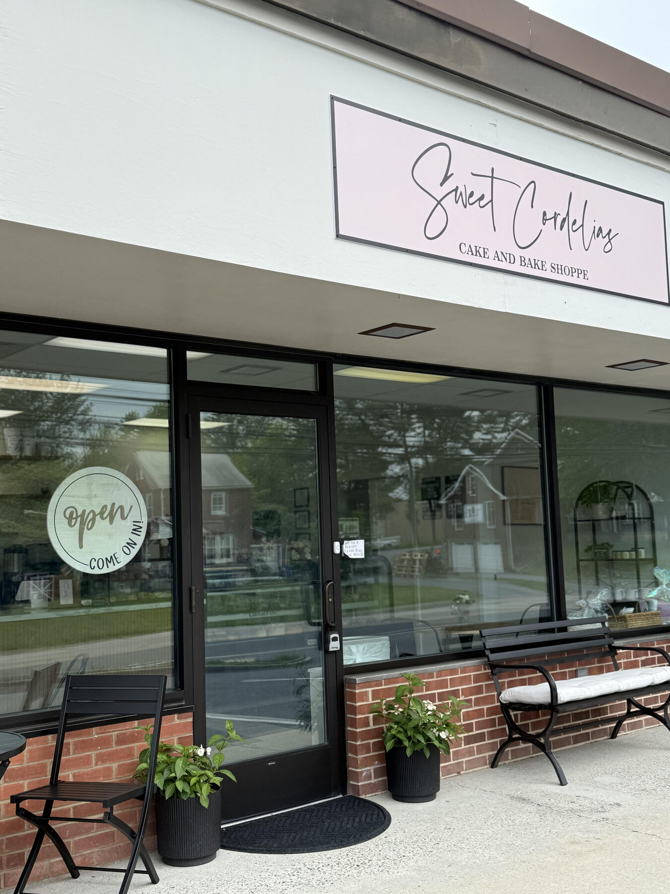 The Sweet Cordelia's storefront on Jonestown Road with its blush logo sign